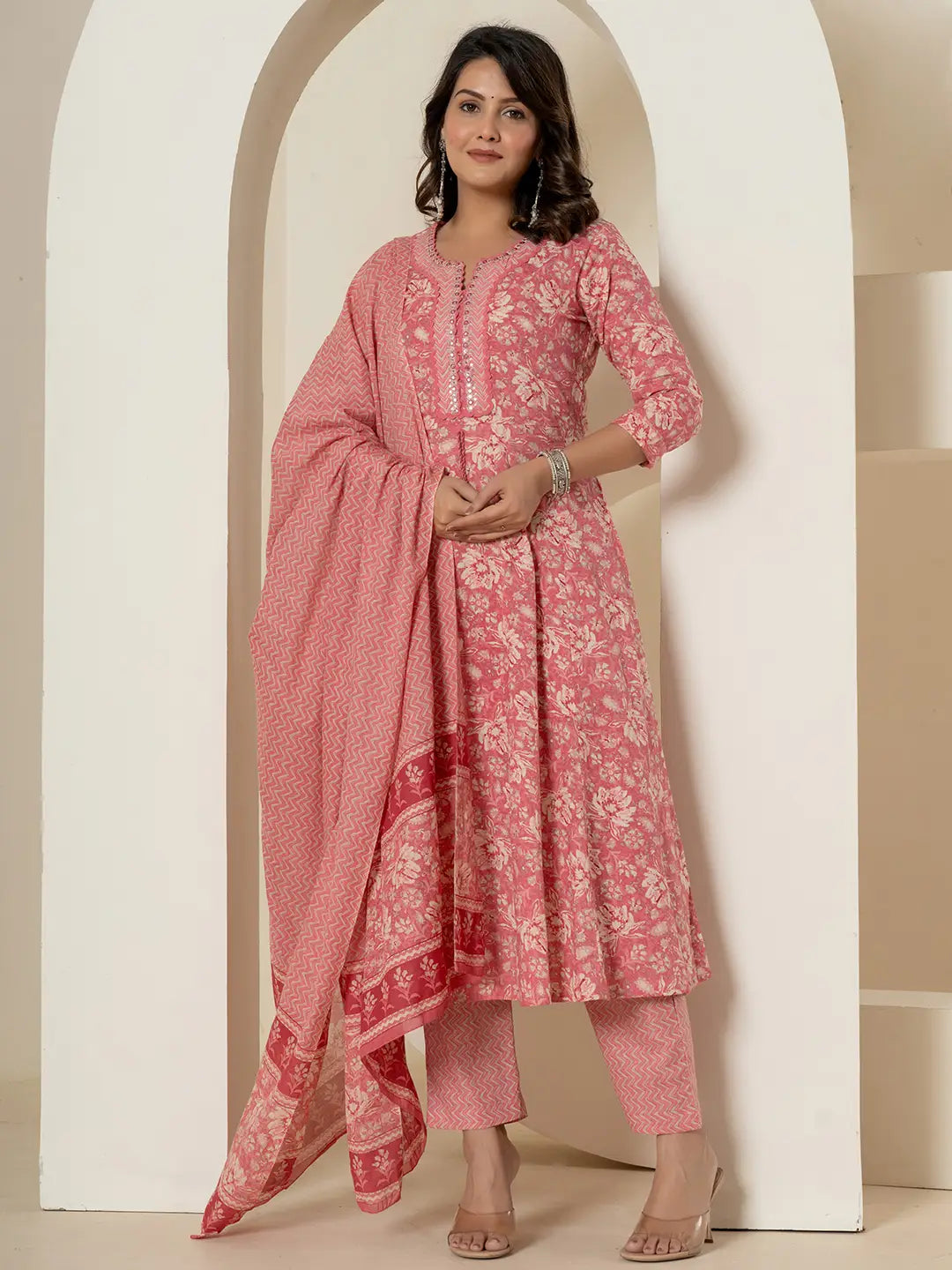 Yufta Pink Mirror_Work Cotton Anarkali Kurta Duppta Set - Distacart