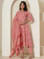 Thumbnail for Yufta Pink Mirror_Work Cotton Anarkali Kurta Duppta Set