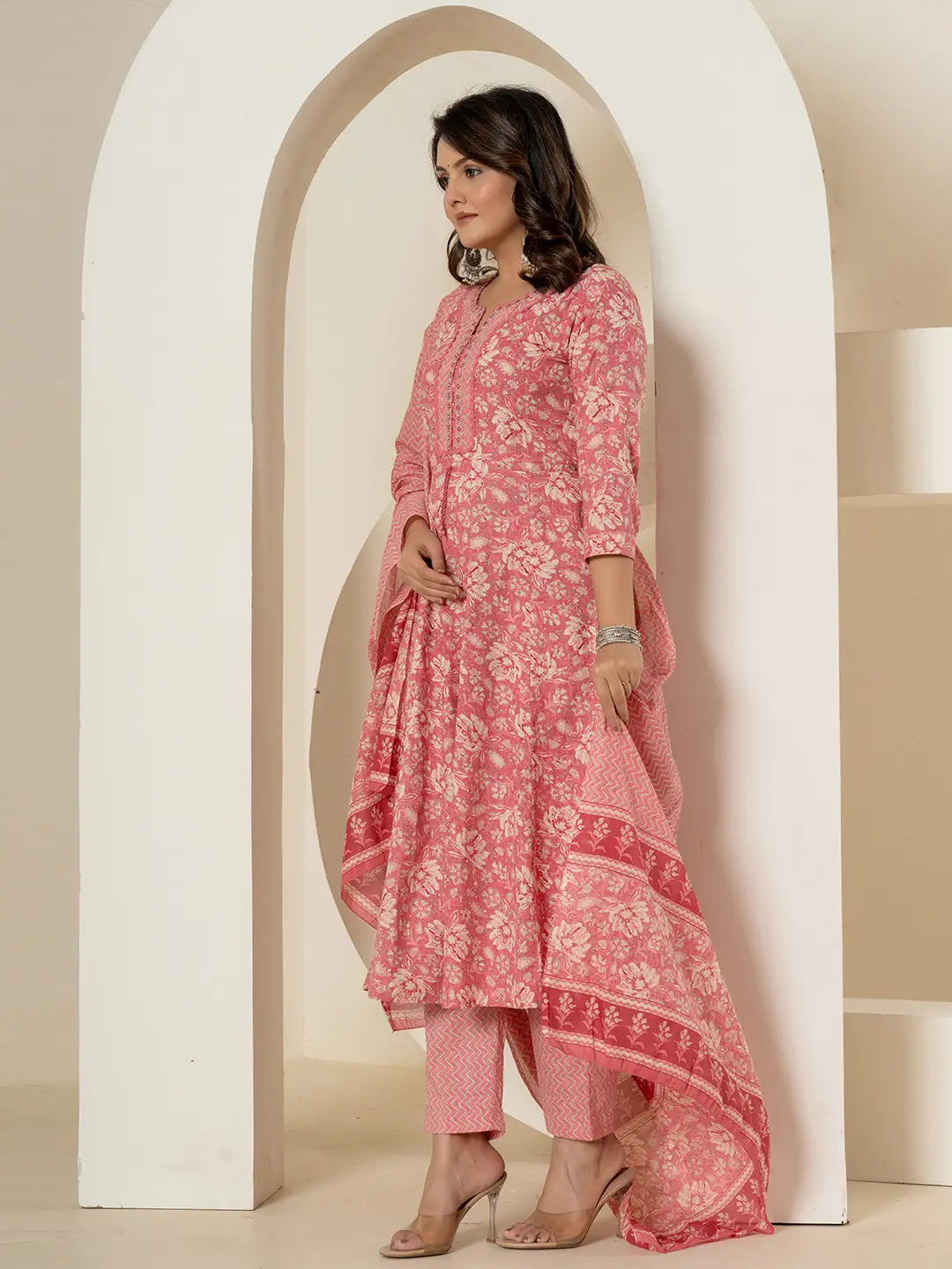 Yufta Pink Mirror_Work Cotton Anarkali Kurta Duppta Set - Distacart