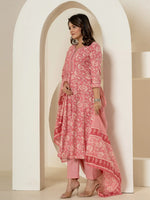 Thumbnail for Yufta Pink Mirror_Work Cotton Anarkali Kurta Duppta Set