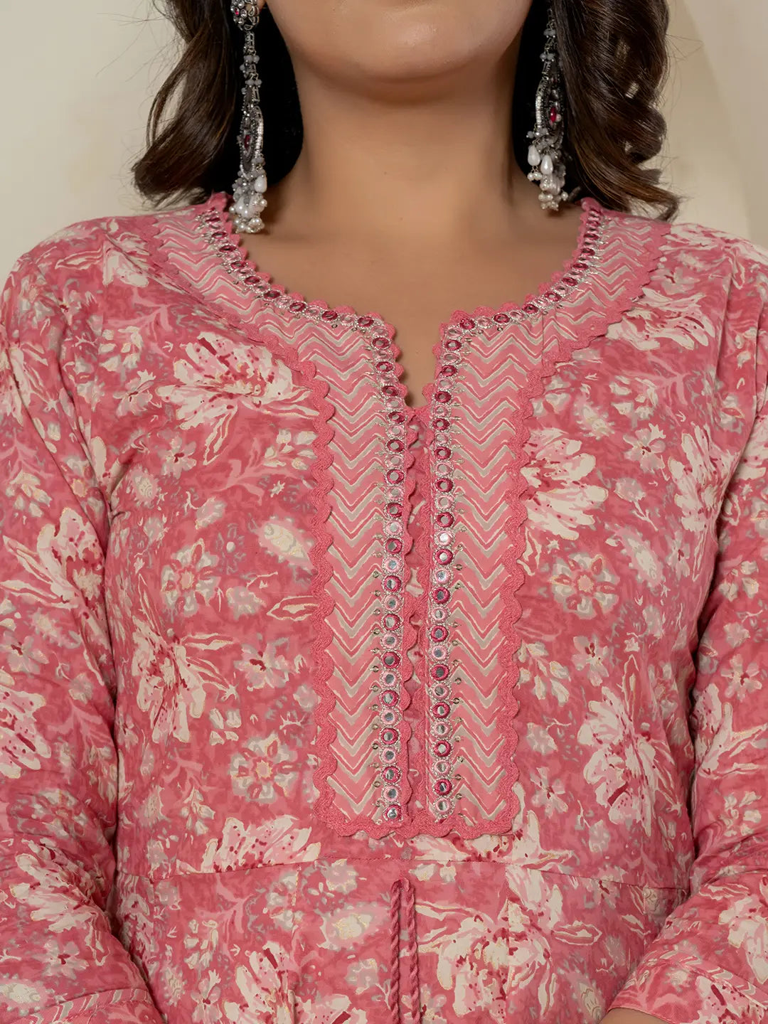 Yufta Pink Mirror_Work Cotton Anarkali Kurta Duppta Set