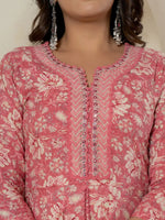 Thumbnail for Yufta Pink Mirror_Work Cotton Anarkali Kurta Duppta Set