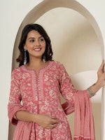 Thumbnail for Yufta Pink Mirror_Work Cotton Anarkali Kurta Duppta Set