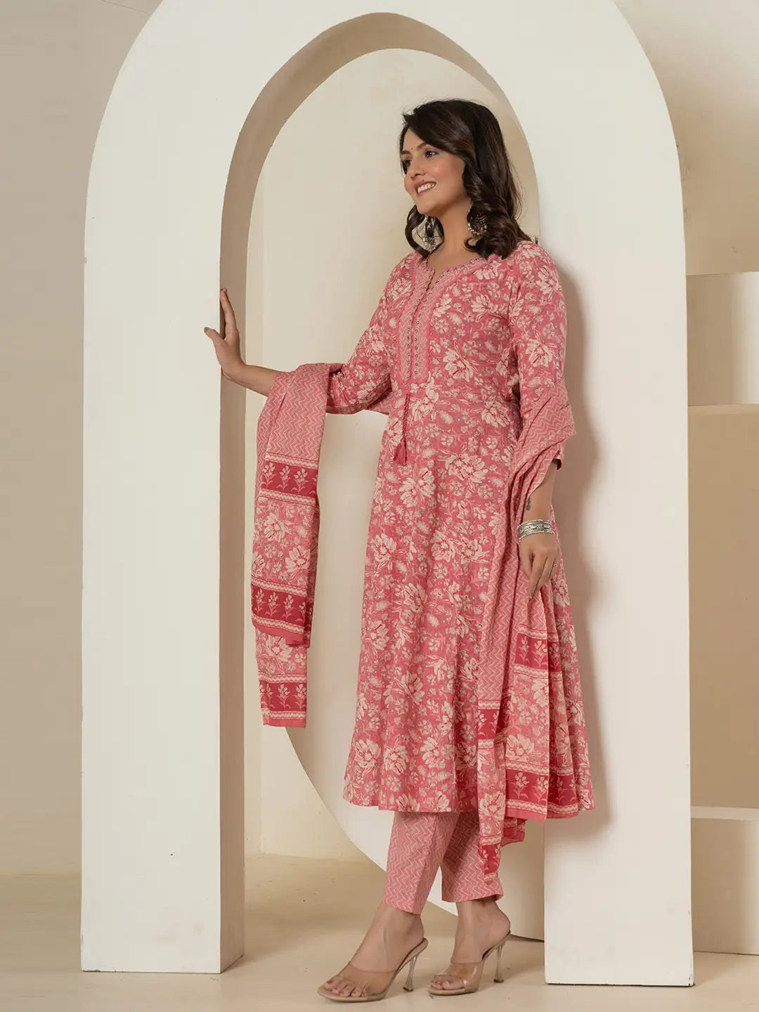 Yufta Pink Mirror_Work Cotton Anarkali Kurta Duppta Set