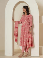 Thumbnail for Yufta Pink Mirror_Work Cotton Anarkali Kurta Duppta Set