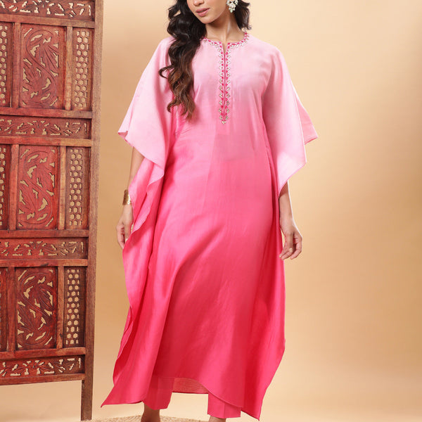 BohoJazz Pink Ombre Embroidered Kaftan with Pants