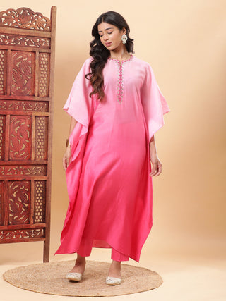 BohoJazz Pink Ombre Embroidered Kaftan with Pants