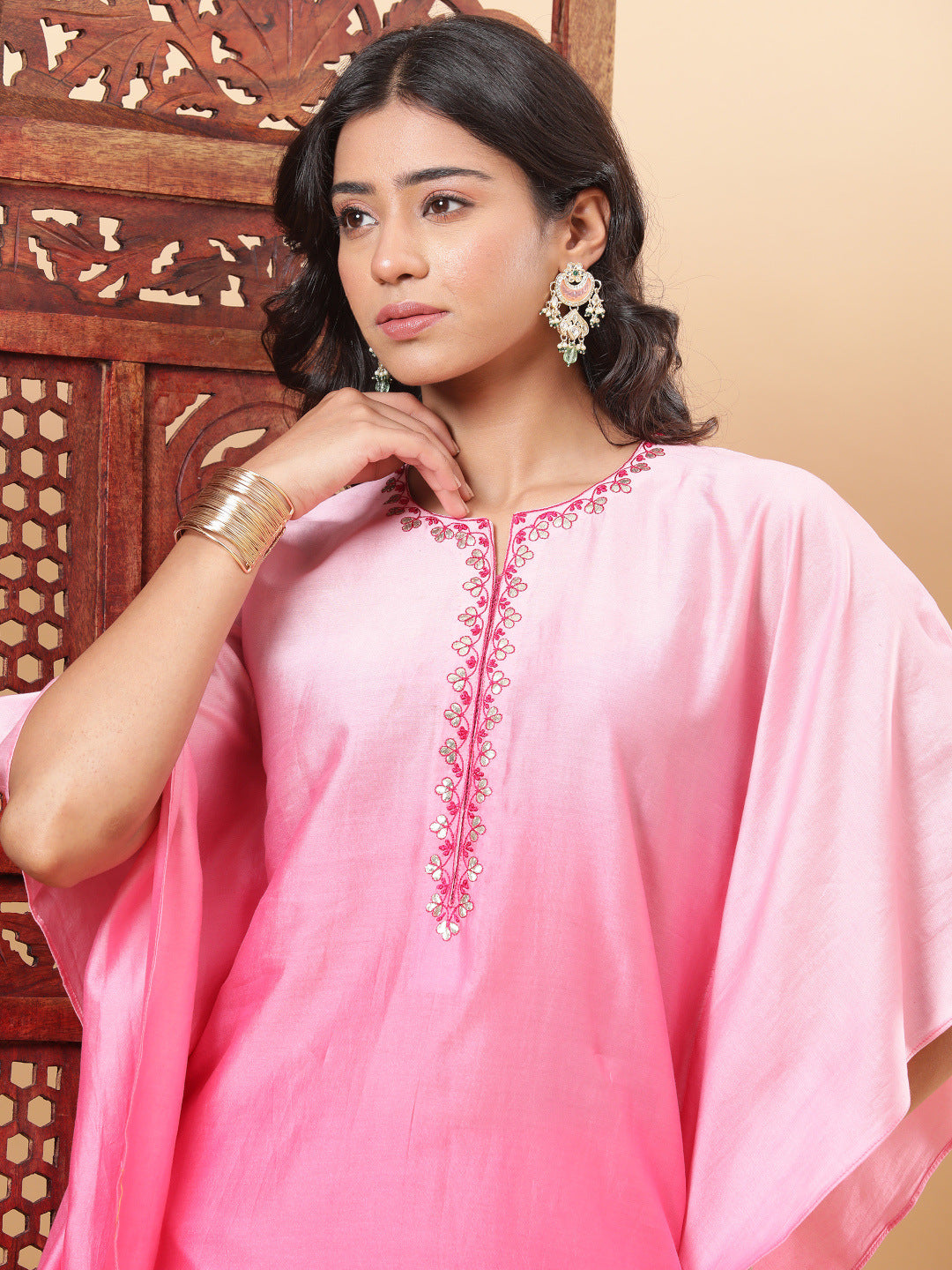 BohoJazz Pink Ombre Embroidered Kaftan with Pants