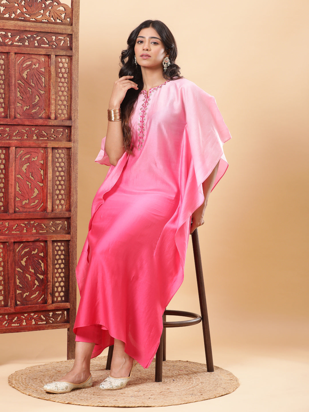 BohoJazz Pink Ombre Embroidered Kaftan with Pants