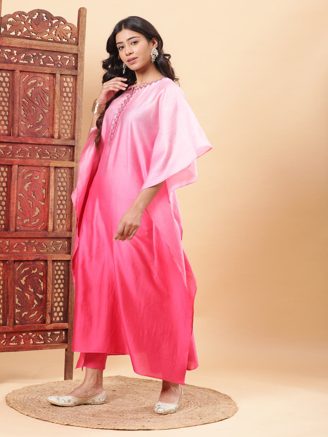 BohoJazz Pink Ombre Embroidered Kaftan with Pants