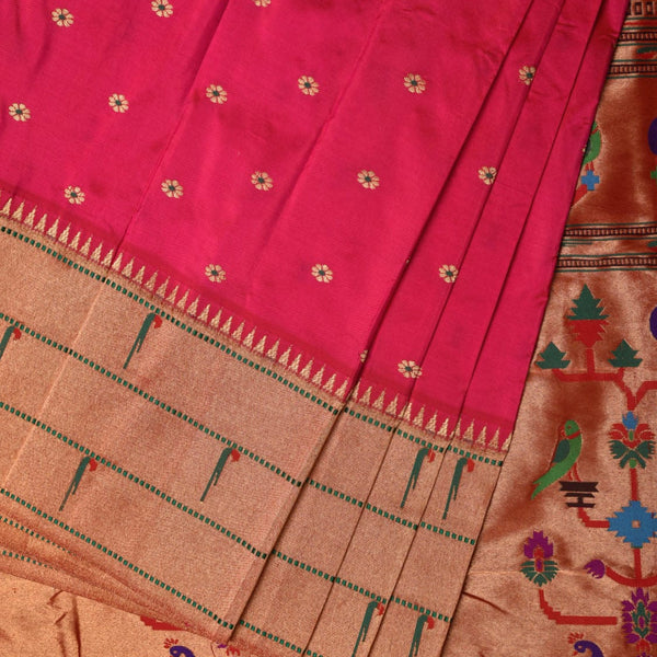 Pink Paithani Silk Handloom Saree with Triple Muniya Border Design - Global Threads - Distacart