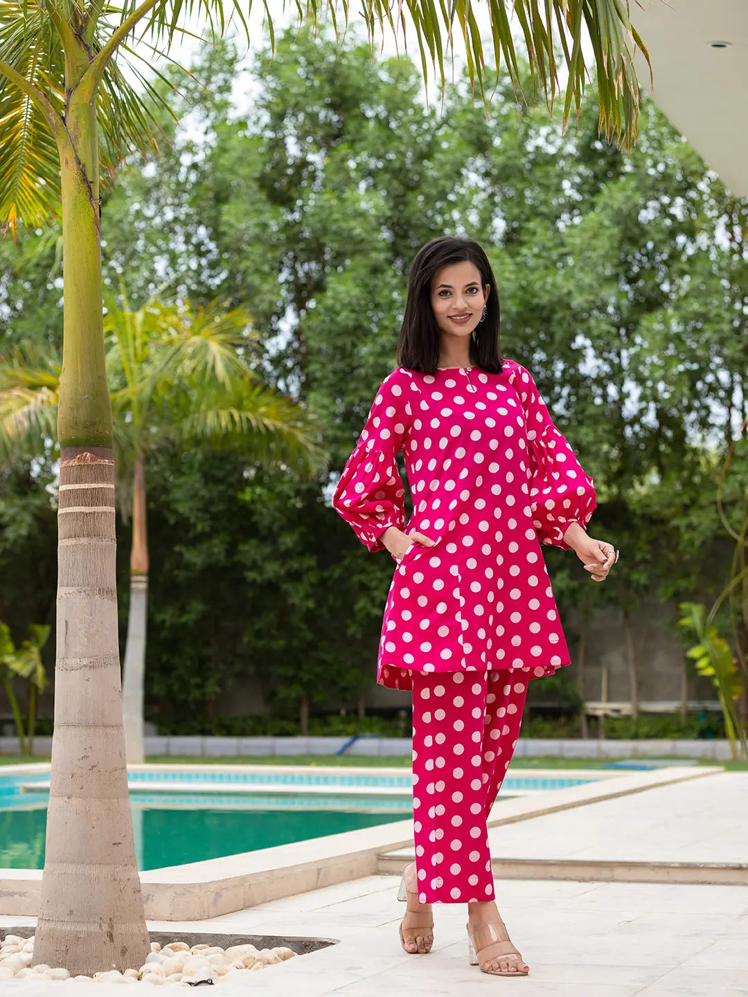 Yufta Pink Polka Dot Print Top And Trouser Co Ord Set - Distacart