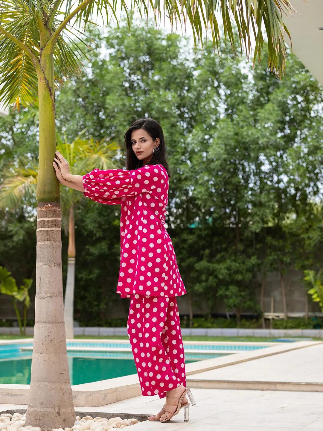 Yufta Pink Polka Dot Print Top And Trouser Co Ord Set - Distacart