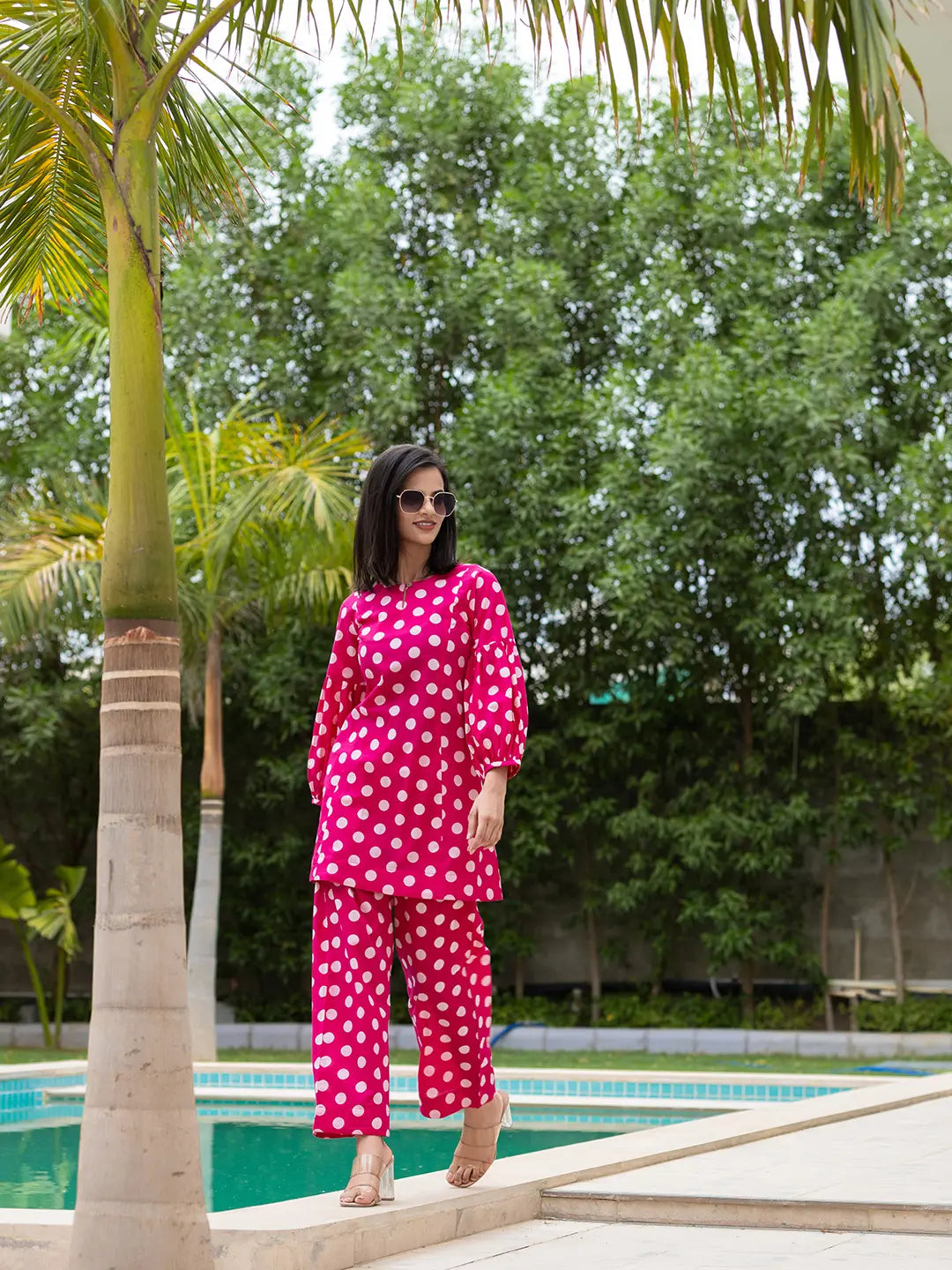 Yufta Pink Polka Dot Print Top And Trouser Co Ord Set