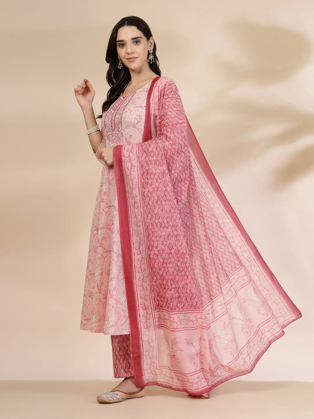 Yufta Pink Pure Cotton Anarkali Dupatta Pant Set - Distacart