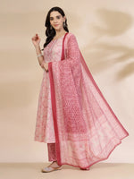 Thumbnail for Yufta Pink Pure Cotton Anarkali Dupatta Pant Set