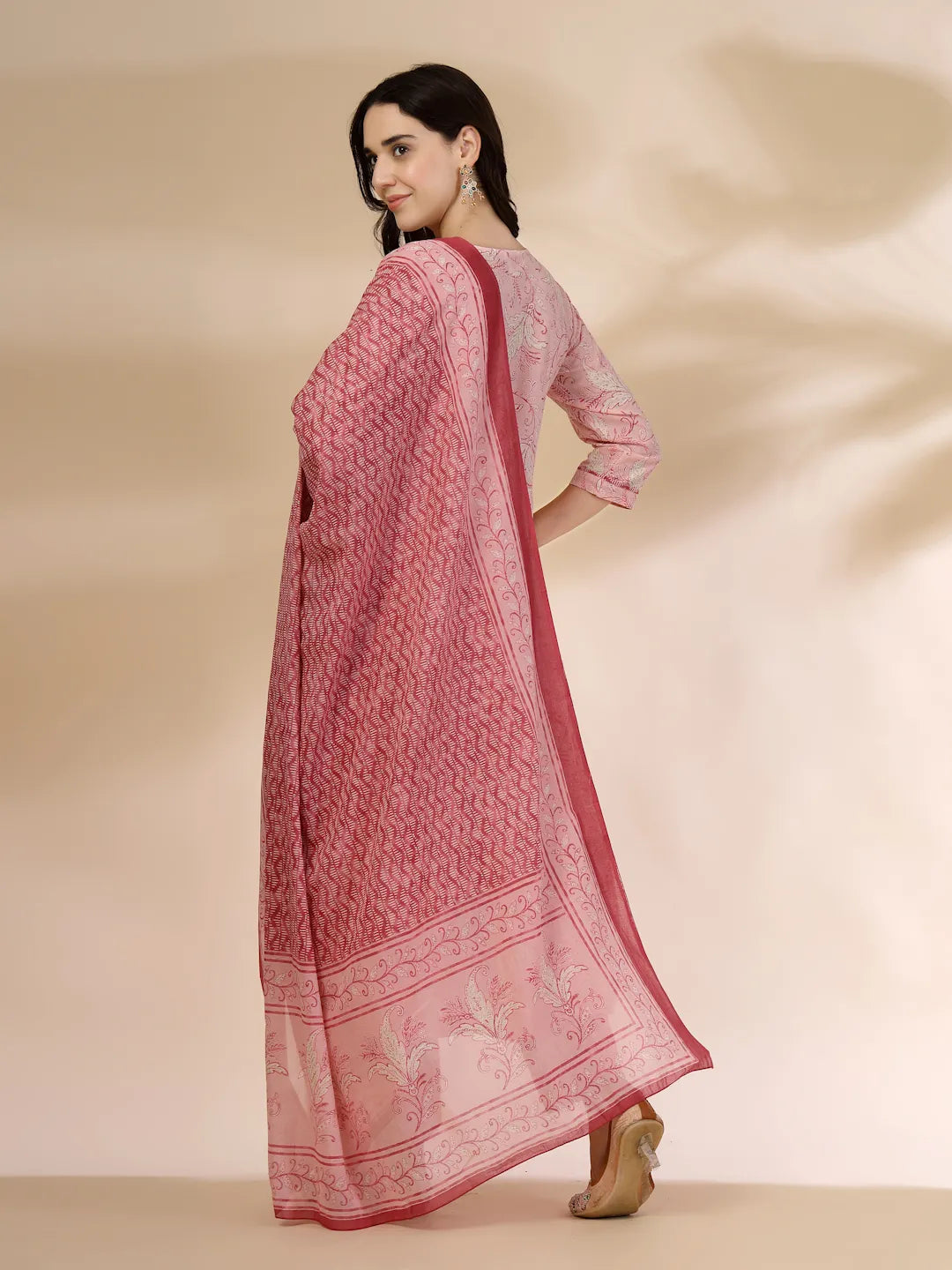 Yufta Pink Pure Cotton Anarkali Dupatta Pant Set