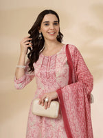 Thumbnail for Yufta Pink Pure Cotton Anarkali Dupatta Pant Set