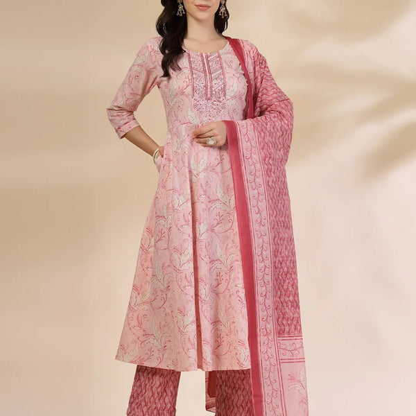 Yufta Pink Pure Cotton Anarkali Dupatta Pant Set - Distacart