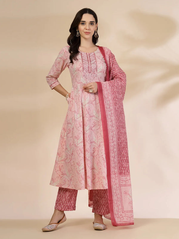 Yufta Pink Pure Cotton Anarkali Dupatta Pant Set