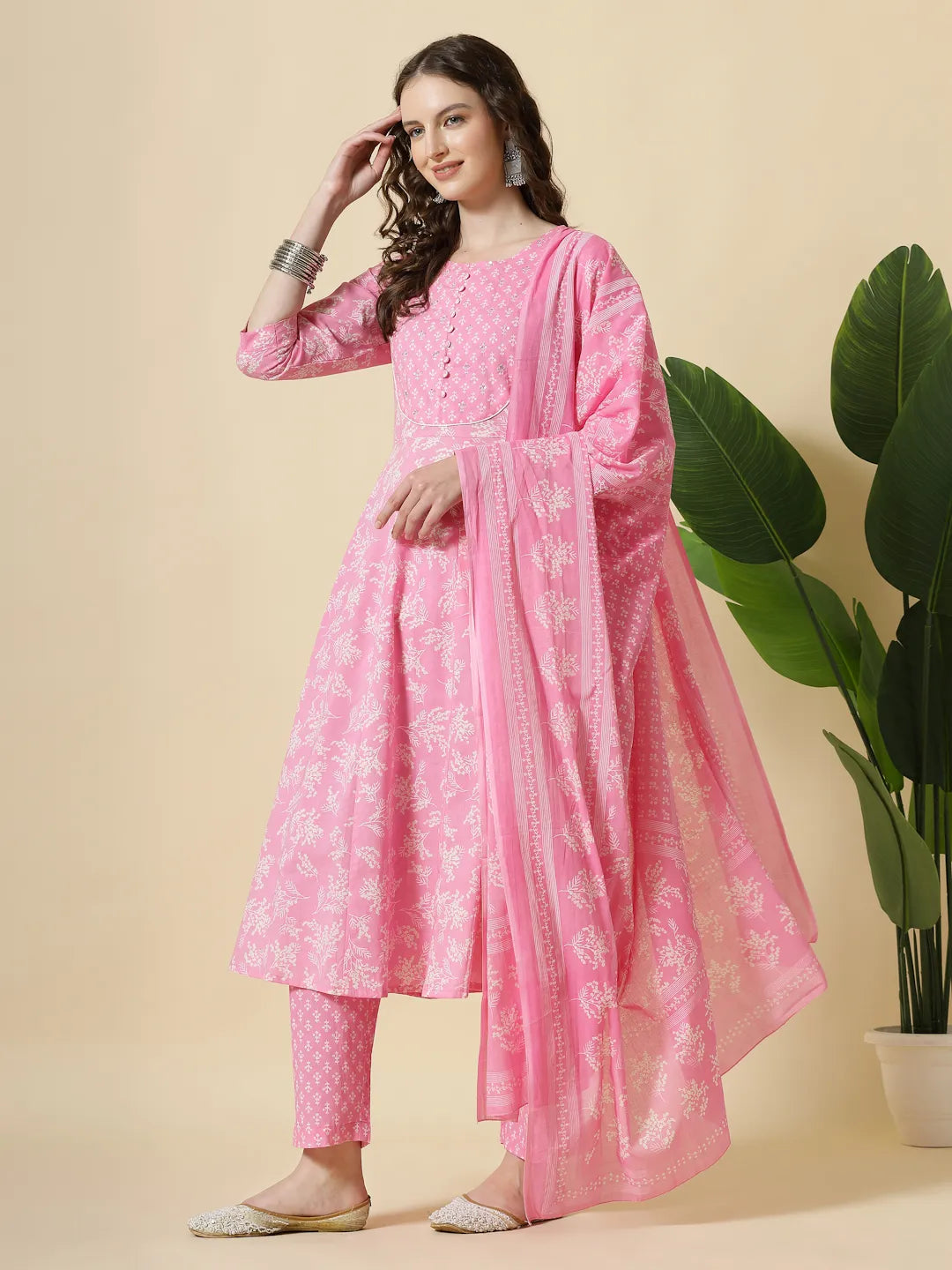 Yufta Pink Pure Cotton Anarkali Piping Kurta Dupatta Pant Set - Distacart