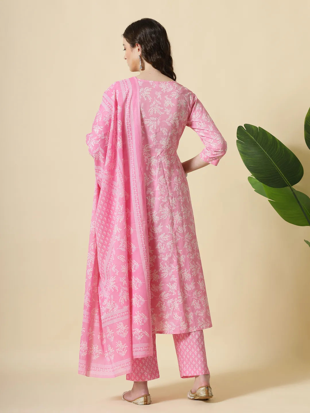 Yufta Pink Pure Cotton Anarkali Piping Kurta Dupatta Pant Set