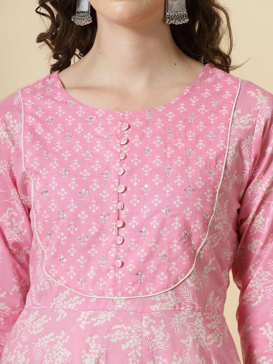 Yufta Pink Pure Cotton Anarkali Piping Kurta Dupatta Pant Set
