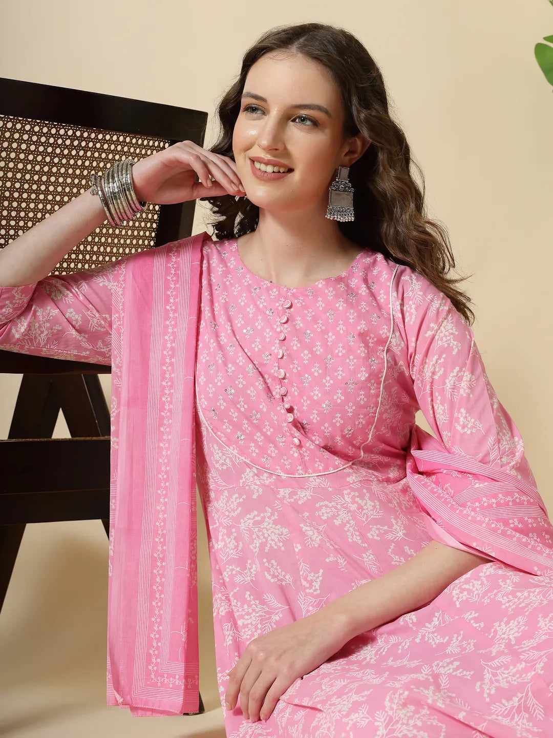 Yufta Pink Pure Cotton Anarkali Piping Kurta Dupatta Pant Set