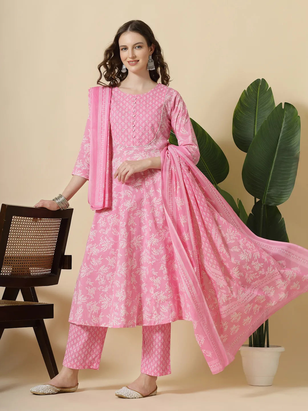 Yufta Pink Pure Cotton Anarkali Piping Kurta Dupatta Pant Set