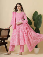 Thumbnail for Yufta Pink Pure Cotton Anarkali Piping Kurta Dupatta Pant Set