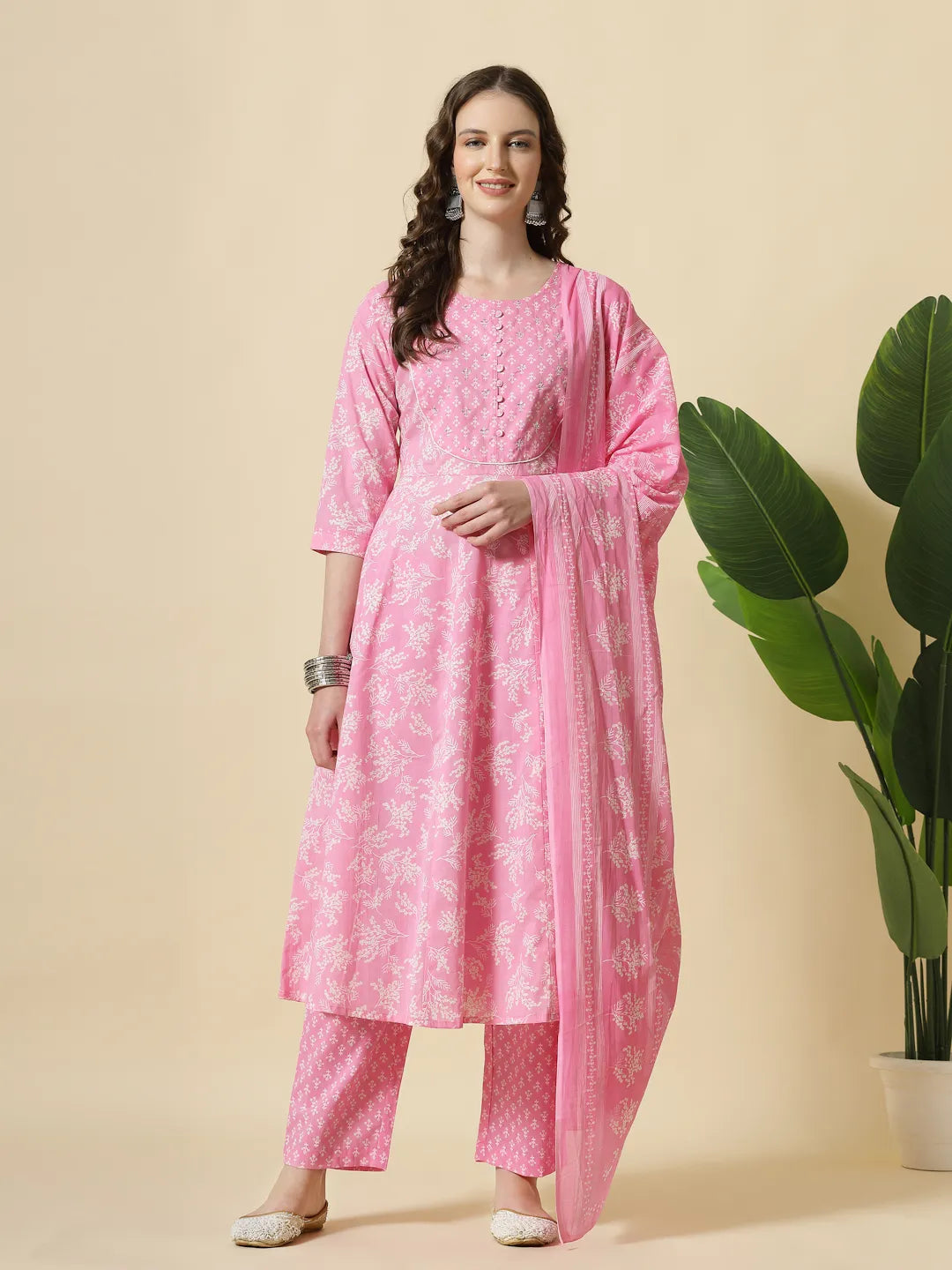 Yufta Pink Pure Cotton Anarkali Piping Kurta Dupatta Pant Set