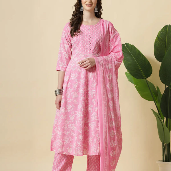 Yufta Pink Pure Cotton Anarkali Piping Kurta Dupatta Pant Set - Distacart