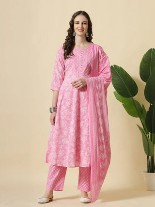Yufta Pink Pure Cotton Anarkali Piping Kurta Dupatta Pant Set - Distacart