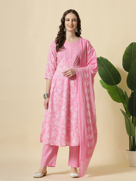 Yufta Pink Pure Cotton Anarkali Piping Kurta Dupatta Pant Set