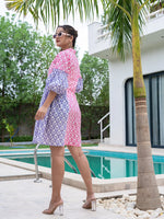 Thumbnail for Yufta Pink Pure Cotton Colourblocking A-Line Dress
