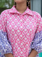 Thumbnail for Yufta Pink Pure Cotton Colourblocking A-Line Dress
