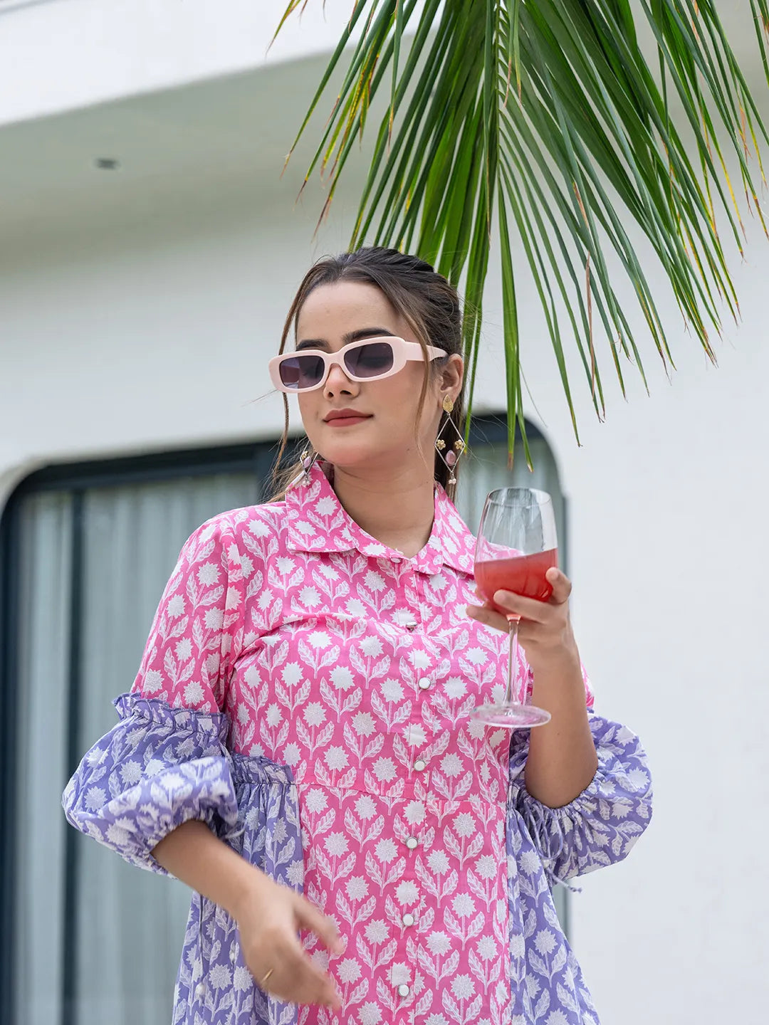 Yufta Pink Pure Cotton Colourblocking A-Line Dress