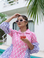 Thumbnail for Yufta Pink Pure Cotton Colourblocking A-Line Dress