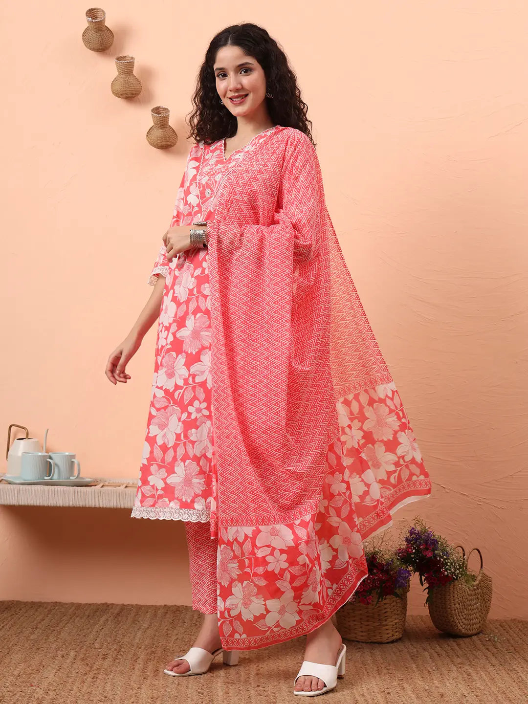 Yufta Pink Pure Cotton Ethnic Motifs Straight Kurta Pant Set - Distacart
