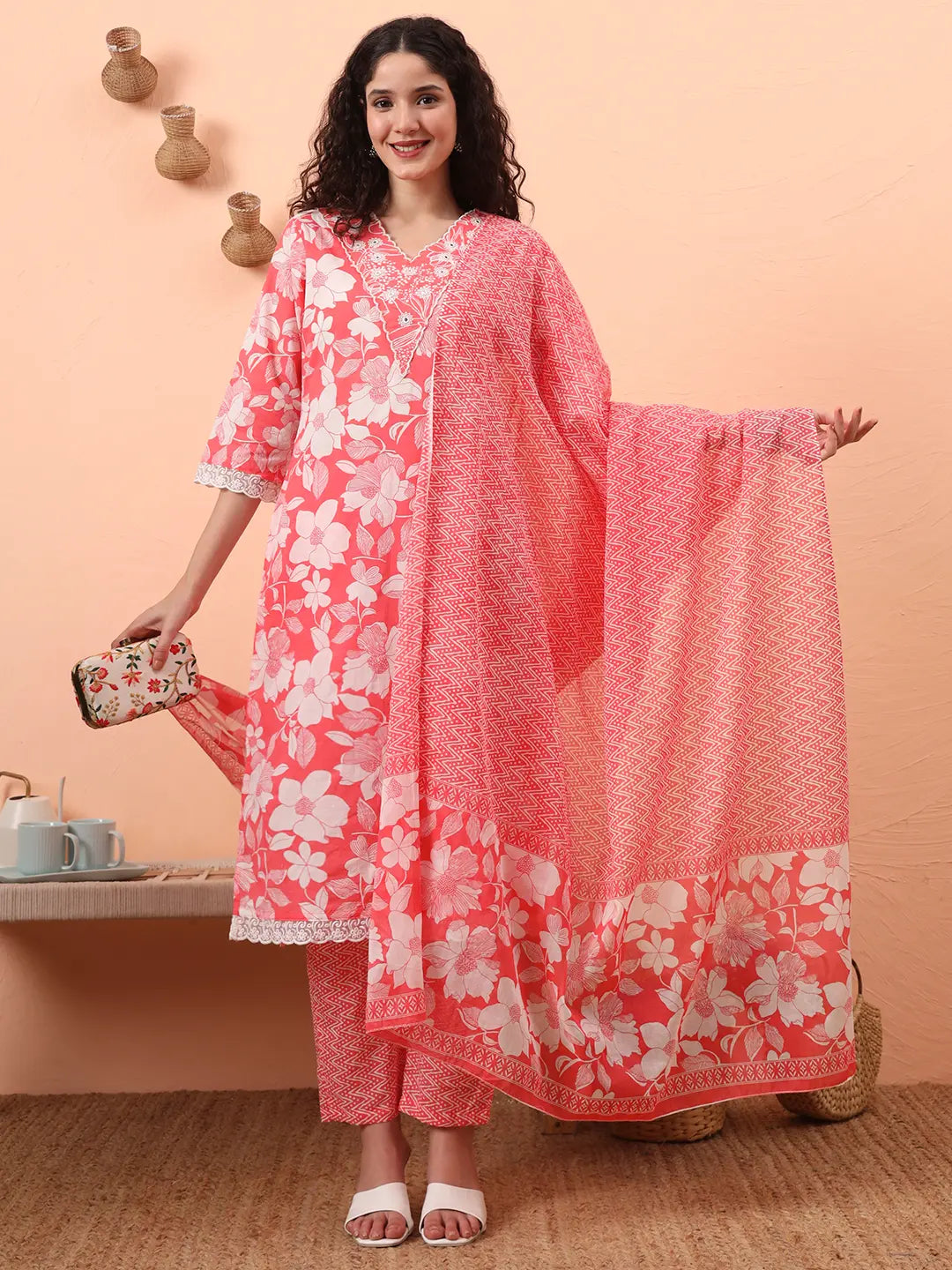 Yufta Pink Pure Cotton Ethnic Motifs Straight Kurta Pant Set