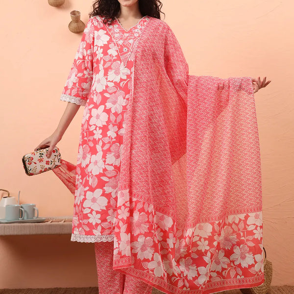 Yufta Pink Pure Cotton Ethnic Motifs Straight Kurta Pant Set - Distacart