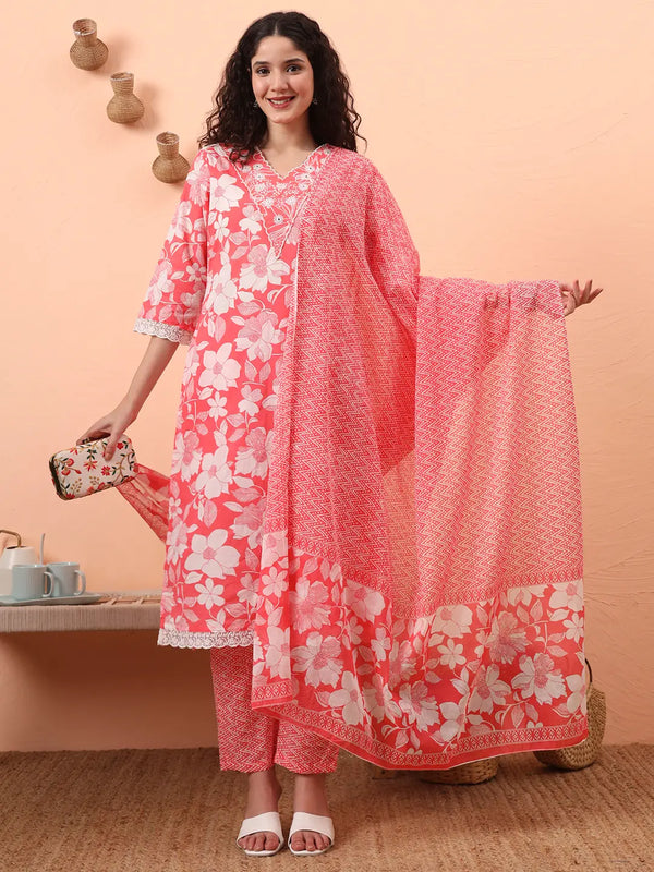 Yufta Pink Pure Cotton Ethnic Motifs Straight Kurta Pant Set