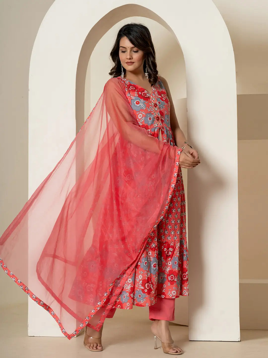 Yufta Pink Pure Cotton Fit And Flare Tiered Kurta Trouser & Dupatta Set