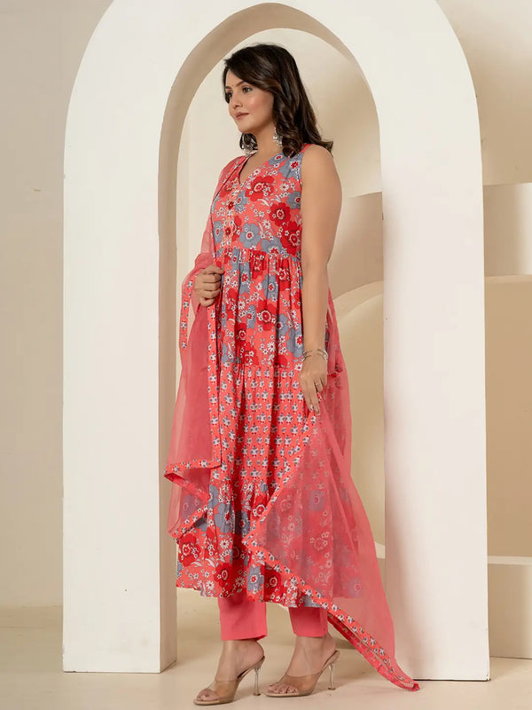 Yufta Pink Pure Cotton Fit And Flare Tiered Kurta Trouser & Dupatta Set