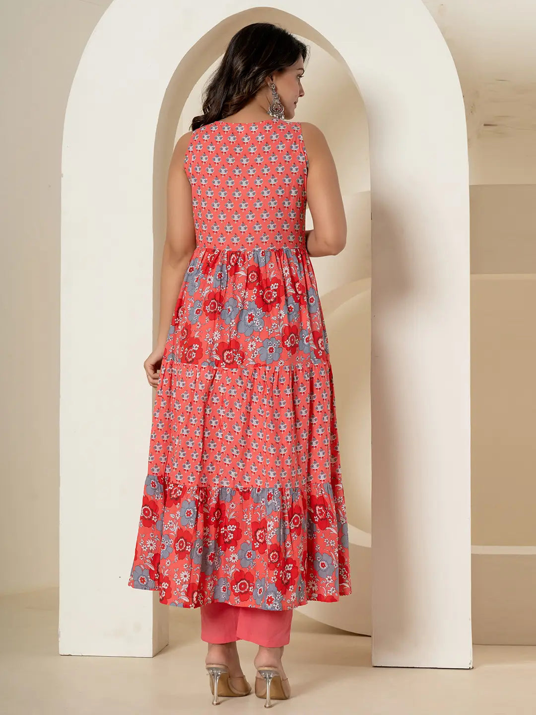 Yufta Pink Pure Cotton Fit And Flare Tiered Kurta Trouser & Dupatta Set