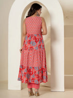 Thumbnail for Yufta Pink Pure Cotton Fit And Flare Tiered Kurta Trouser & Dupatta Set