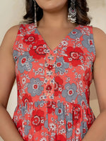 Thumbnail for Yufta Pink Pure Cotton Fit And Flare Tiered Kurta Trouser & Dupatta Set