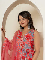 Thumbnail for Yufta Pink Pure Cotton Fit And Flare Tiered Kurta Trouser & Dupatta Set