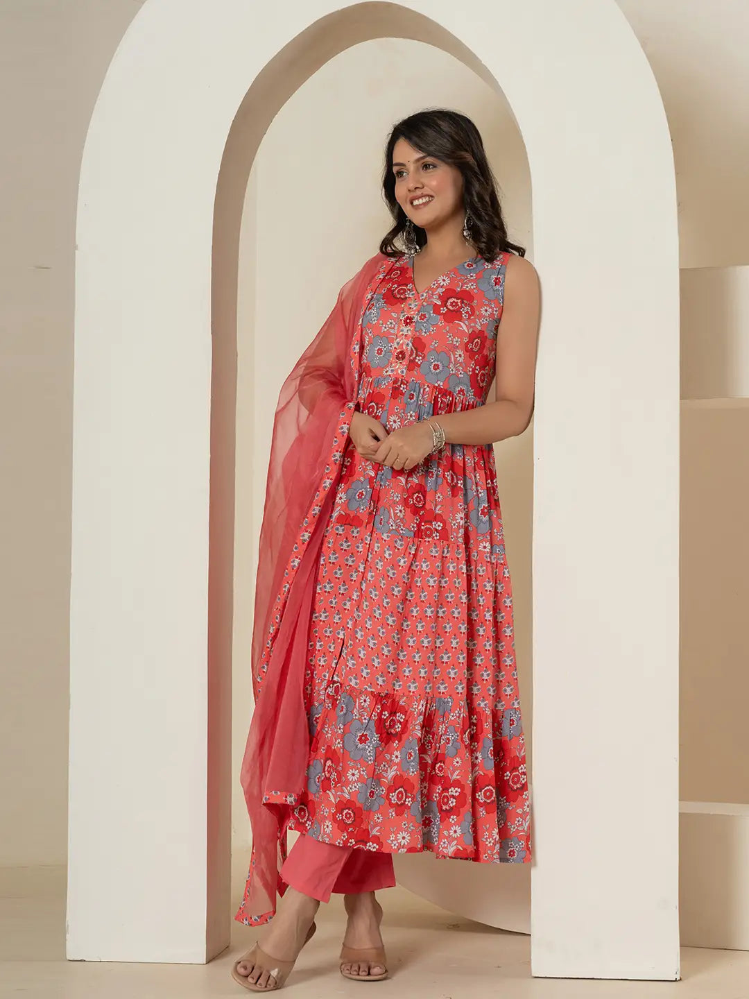 Yufta Pink Pure Cotton Fit And Flare Tiered Kurta Trouser & Dupatta Set