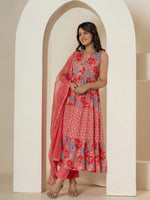 Thumbnail for Yufta Pink Pure Cotton Fit And Flare Tiered Kurta Trouser & Dupatta Set